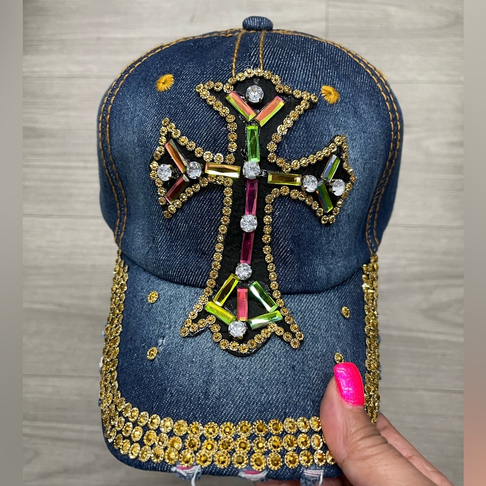 Bejeweled Gold Cross Adjustable Denim Vintage Baseball Cap/Religious Hat